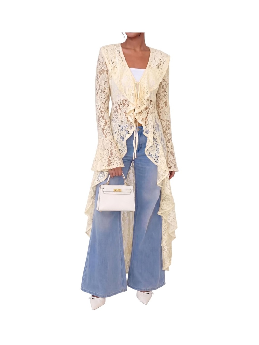 Lace Cardigan Women Maxi Lightweight Open Front Tie Bell Long Sleeve Ruffled